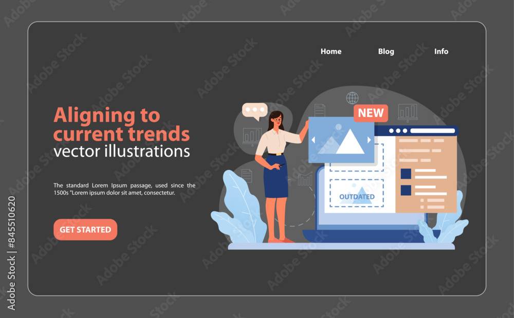 Poster trend alignment in branding. an engaging vector illustration that portrays a marketer updating.