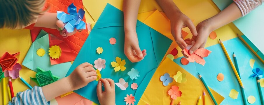 Kids making handmade cards for World Card Making Day, October 3rd, colorful papers and creativity, 4K hyperrealistic photo.