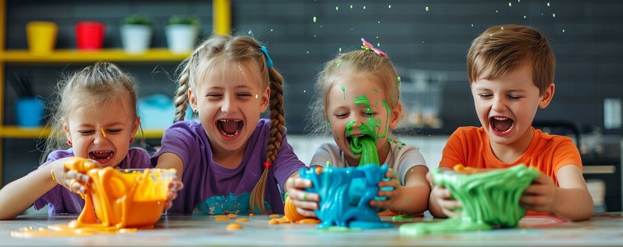 Kids making slime for National Be Bald and Be Free Day, October 14th, fun and messy activities, 4K hyperrealistic photo.