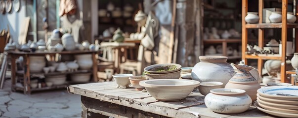Outdoor ceramics painting workshop with artists, painters and pottery art, 4K hyperrealistic photo.
