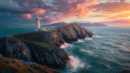 Majestic lighthouse on rocky cliff at sunset with vibrant skies