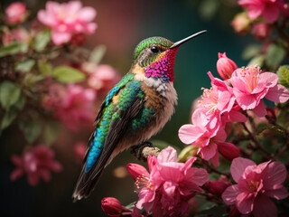 Fototapeta premium beautiful colourful hummingbird with pink flower bunch