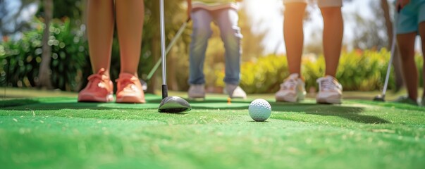 Family playing mini-golf for National Mini-Golf Day, friendly competition and fun, 4K hyperrealistic photo.