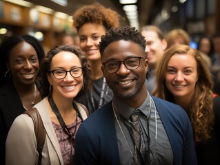 Obraz premium A diverse group of smiling professionals at a modern conference or networking event, fostering connections and sharing knowledge.