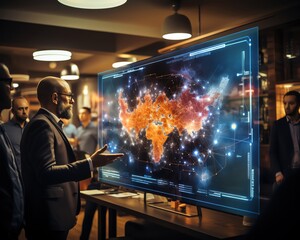 Businessman presenting global data analysis on a large digital screen in an office setting, discussing strategy with colleagues.