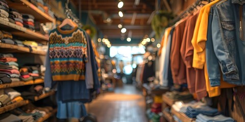 Blurred image of thrift store showcasing diverse selection of clothing and accessories. Concept Thrift Store Fashion, Vintage Style, Diverse Selection, Fashion Forward, Accessory Obsession