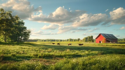Idyllic countryside scene with red barn and cows grazing in lush green field under a blue sky with fluffy clouds, perfect for rural landscape themes.
