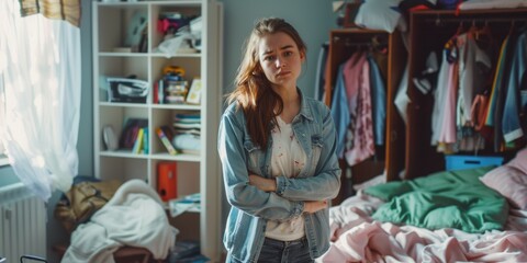 Teenage girl standing with arms crossed in cluttered bedroom