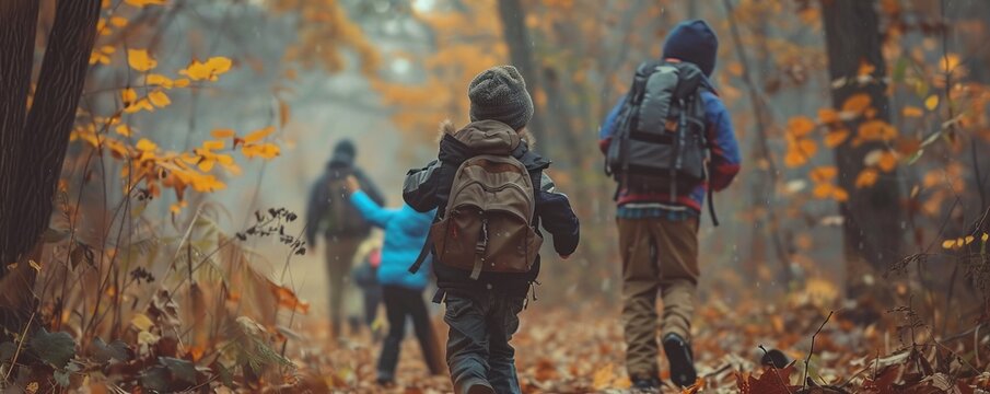 Family hiking for National Hike with a Geek Day, November 9th, exploring trails with tech enthusiasts, 4K hyperrealistic photo.