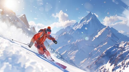Skier in red suit descends snowy mountain slope under a clear blue sky, forming a beautiful contrast with the towering peaks and soft snowflakes.