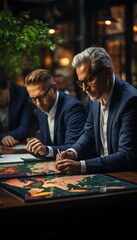 Fototapeta premium Two businessmen in suits analyze colorful maps together in a well-lit office with a modern ambient environment.