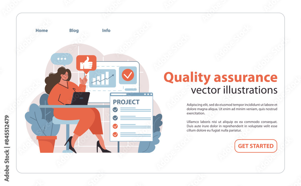 Poster quality control in project management set. manager reviewing performance.