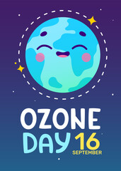 Ozone day cartoon poster with cute earth planet. Vector banner with world globe in space.