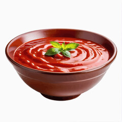 a bowl of tomato soup with a sprig of basil
