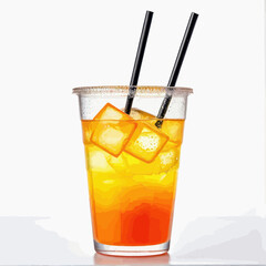 a glass filled with orange juice and two black straws