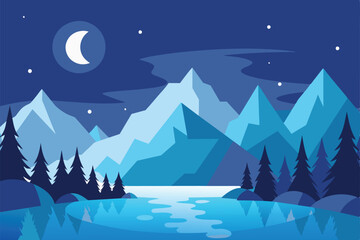 Beautiful winter landscape. Moon over mountains, forest and lake in snowy weather vector illustration