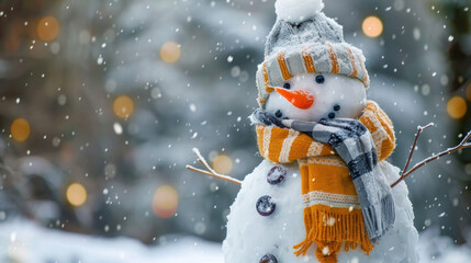 A snowman stands outside on a cold winter day. It has a carrot nose, hat, scarf, coal buttons, and stick arms. The blurred background shows snow and trees, creating a cozy and nostalgic winter scene.
