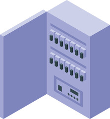 Isometric view of a distribution board featuring circuit breakers and switches, essential for managing and safeguarding electrical circuits in residential, commercial, or industrial settings