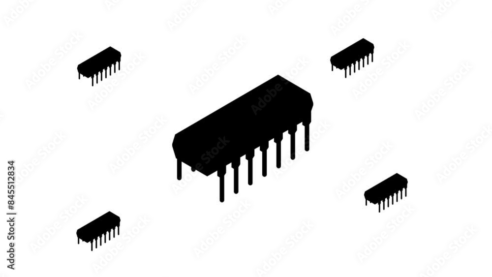 Poster zoom in and out animation the integrated circuit symbol. large black symbol in the center and four s