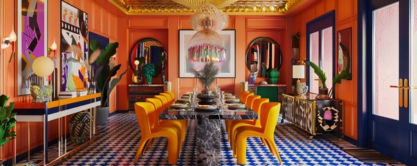 Naklejka premium Maximalist dining room with bold patterns, vibrant colors, and layered textures, 4K hyperrealistic photo