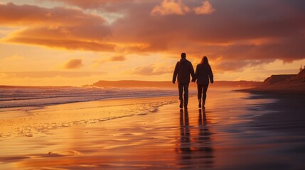 Fototapeta premium Couple walking on a beach at sunset, with vivid orange and pink skies, reflecting on the serene sea and sand.
