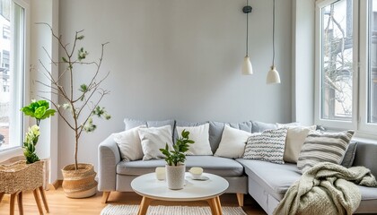 scandinavian living room with natural light, with grey and white color concept making a comfortable living room to live