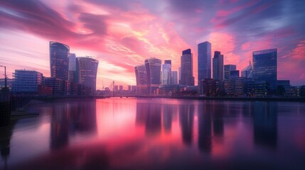 Naklejka premium City skyline reflecting in water at sunset with vibrant pink and purple clouds.