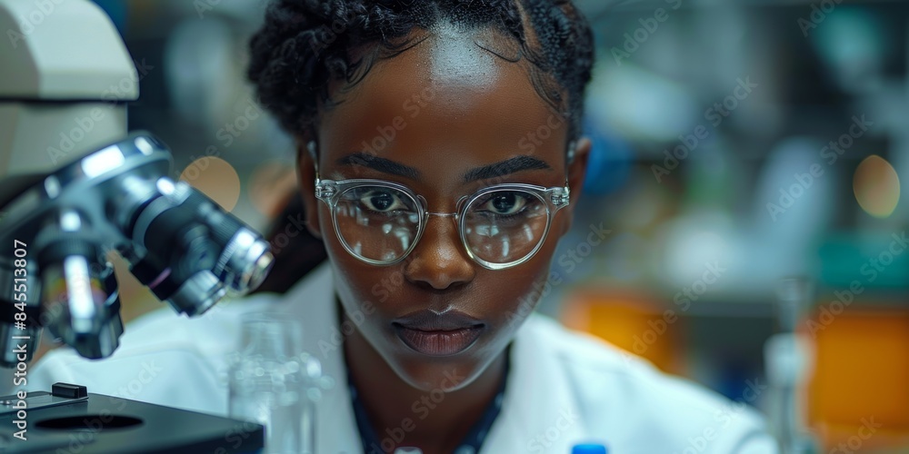Poster female scientist using a microscope in a laboratory