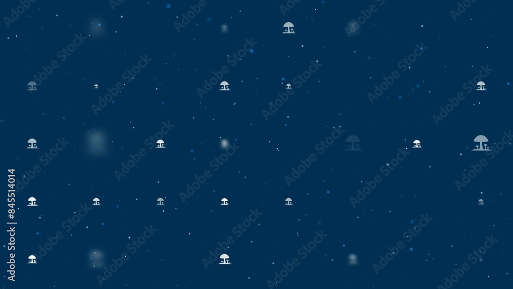 Poster template animation of evenly spaced mushrooms symbols of different sizes and opacity. animation of t
