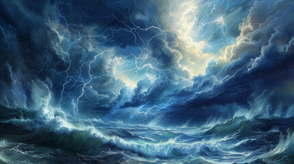 A tempestuous ocean rages, illuminated by bolts of lightning.