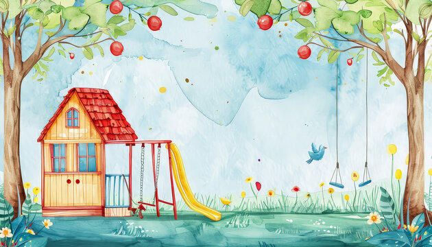 A watercolor painting of a playground with a wooden playhouse and a swing set