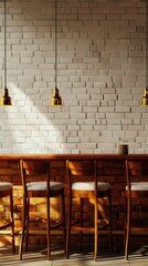 a coffee shop interior with a white tiled bar, wooden counter, and green chairs, showcasing both front and side views against a white brick wall background.