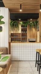 a coffee shop interior with a white tiled bar, wooden counter, and green chairs, showcasing both front and side views against a white brick wall background.
