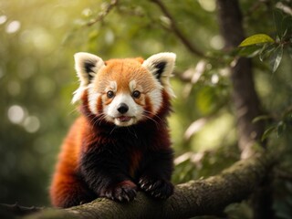 beautiful little red panda sit on the tree