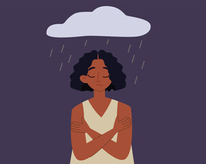 Sad African female with a rain cloud over her head. Woman feels anxiety and emotional stress. Depressed black girl with mental health issues.  Psychological problem concept. Vector illustration