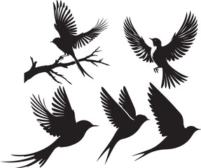 set of silhouettes of birds 
