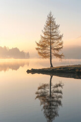 A solitary tree standing by a calm lake at dawn, with gentle mist rising and the first light of day casting a golden glow, evoking a sense of peace and tranquility. 