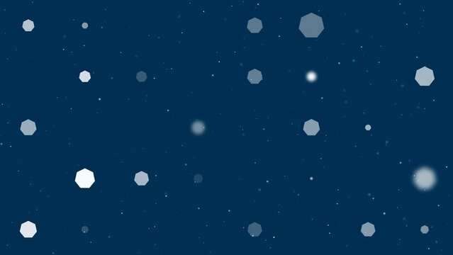 Template animation of evenly spaced heptagon symbols of different sizes and opacity. Animation of transparency and size. Seamless looped 4k animation on dark blue background with stars
