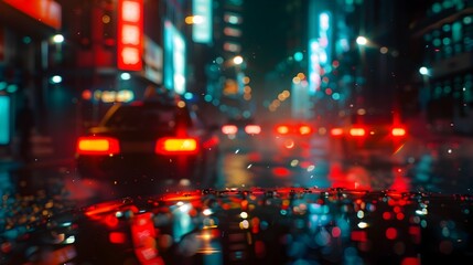 Fototapeta premium Vibrant Cityscape with Blurred Lights and Neon Signage in an Urban Nightscape