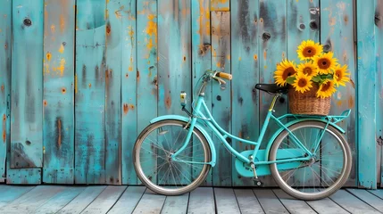 Fototapete Vintage Bicycle with Vibrant Sunflower Bouquet Against Rustic Wooden Fence © toodlingstudio