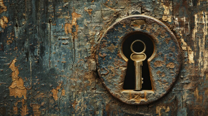 An old key in a keyhole on a vintage background captures a sense of history and secrecy. The key represents knowledge, both unlocking access to information and safeguarding valuable secrets.