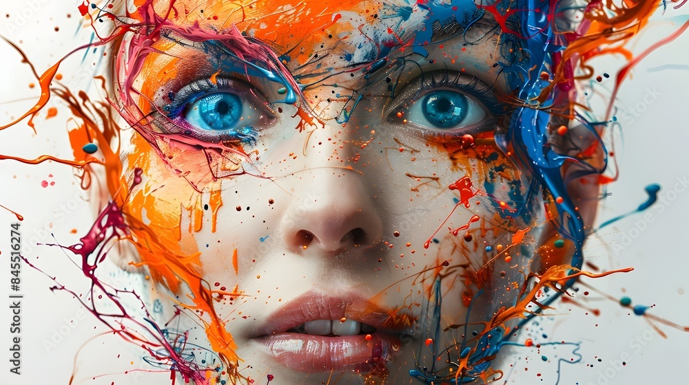 Poster captivating surreal portrait with vibrant color splash and expressive digital manipulation