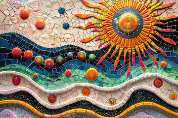 Colorful mosaic artwork featuring a radiant sun, flowing waves, and vibrant patterns. Perfect for themes like abstract art, nature, and summer decor.