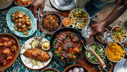 A table full of food with a variety of dishes including broccoli, rice, and meat