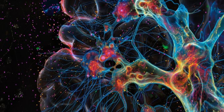 Detailed neuron illustration with colorful synapses and connections
