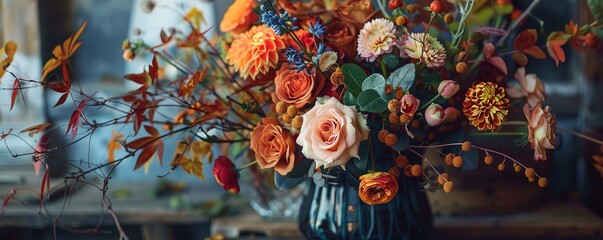Fall floral arrangement workshop with autumn blooms, creativity and seasonal beauty, 4K hyperrealistic photo.