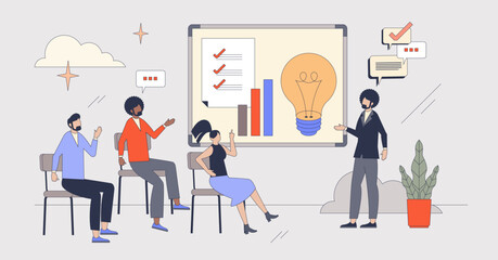 Corporate training or business team coaching tiny person neubrutalism concept. Leadership or mentoring as key element for successful employee work achievements vector illustration. Skill presentation