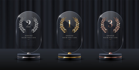 Set of glass award trophy with laurel wreath. Transparent prize template with golden laurel branches. Winner first place concept. Vector illustration.