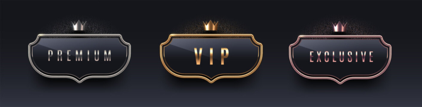 VIP, premium and exclusive sign with 3d metal frame and crown. Golden, silver and bronze metallic luxury sign on black background. Vector set.