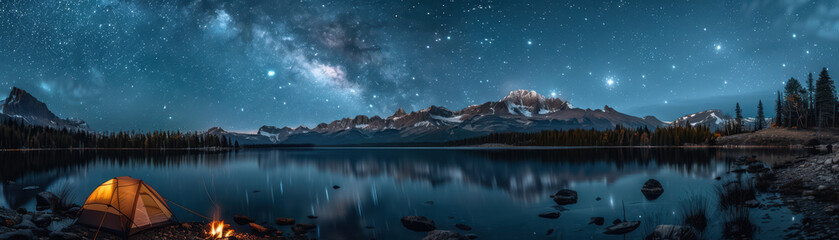 Starry Night Camping, Illuminated tent by a lake with mountains, Tranquil Outdoor Experience.